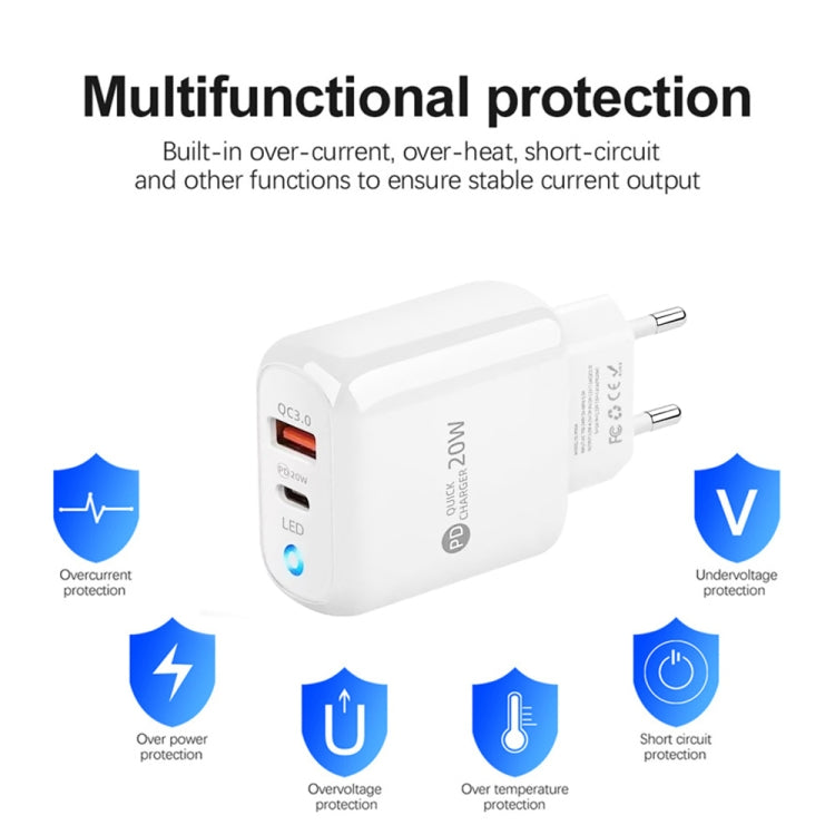 PD04 Type-C + USB Mobile Phone Charger with Type-C to 8 Pin Cable, EU Plug, EU Plug + Type-C to 8 Pin Cable