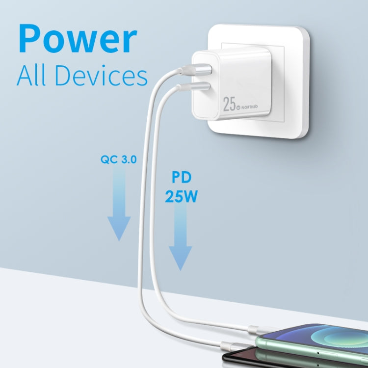 NORTHJO NOPD2002 PD20W USB-C/Type-C + QC 3.0 USB Dual Ports Fast Charger, US Plug, EU Plug, UK Plug, AU Plug