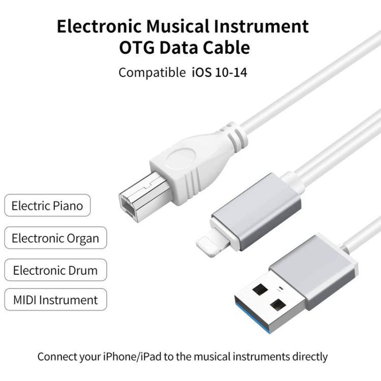 Câble multifonction 8 broches vers USB + MIDI pour instrument de musique électronique, OTG et chargement, compatible avec iOS 10-14, MIDI + OTG, 1 m