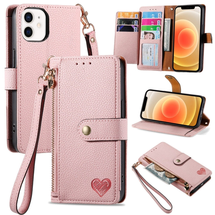 Love Zipper Lanyard Leather Phone Case, For iPhone 13, For iPhone 13 mini, For iPhone 12 mini, For iPhone 12 / 12 Pro