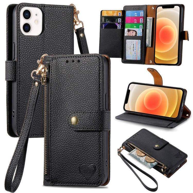 Love Zipper Lanyard Leather Phone Case, For iPhone 13, For iPhone 13 mini, For iPhone 12 mini, For iPhone 12 / 12 Pro