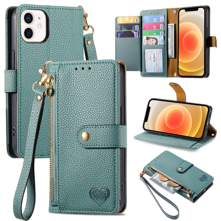 Love Zipper Lanyard Leather Phone Case, For iPhone 13, For iPhone 13 mini, For iPhone 12 mini, For iPhone 12 / 12 Pro