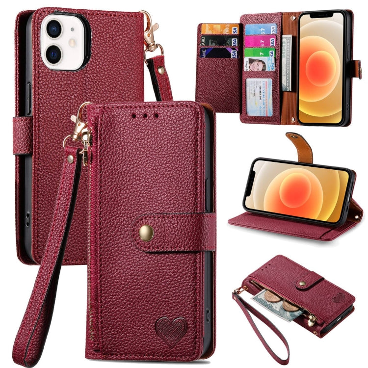 Love Zipper Lanyard Leather Phone Case, For iPhone 13, For iPhone 13 mini, For iPhone 12 mini, For iPhone 12 / 12 Pro