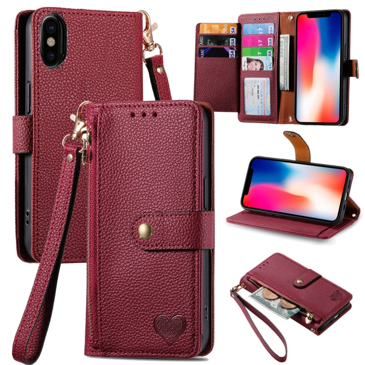 Love Zipper Lanyard Leather Phone Case, For iPhone X / XS, For iPhone XR, For iPhone XS Max, For iPhone 7 Plus / 8 Plus