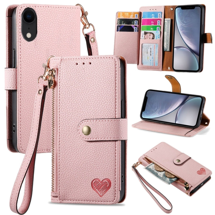 Love Zipper Lanyard Leather Phone Case, For iPhone 11, For iPhone 11 Pro, For iPhone X / XS, For iPhone XR