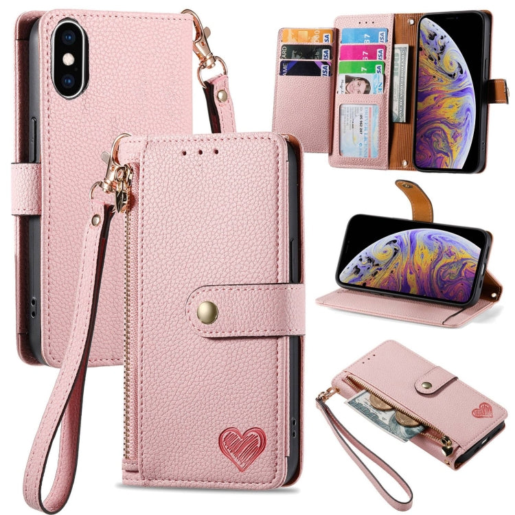 Love Zipper Lanyard Leather Phone Case, For iPhone X / XS, For iPhone XR, For iPhone XS Max, For iPhone 7 Plus / 8 Plus