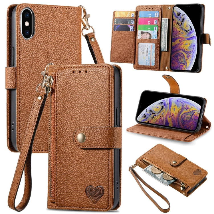 Love Zipper Lanyard Leather Phone Case, For iPhone X / XS, For iPhone XR, For iPhone XS Max, For iPhone 7 Plus / 8 Plus