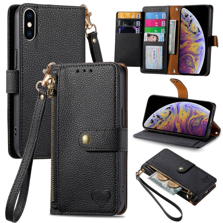Love Zipper Lanyard Leather Phone Case, For iPhone X / XS, For iPhone XR, For iPhone XS Max, For iPhone 7 Plus / 8 Plus