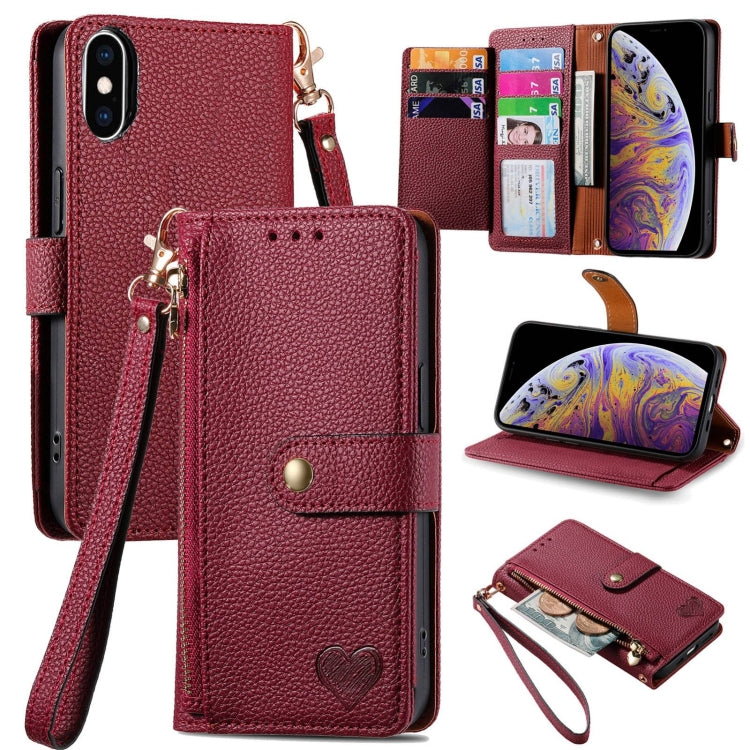Love Zipper Lanyard Leather Phone Case, For iPhone X / XS, For iPhone XR, For iPhone XS Max, For iPhone 7 Plus / 8 Plus