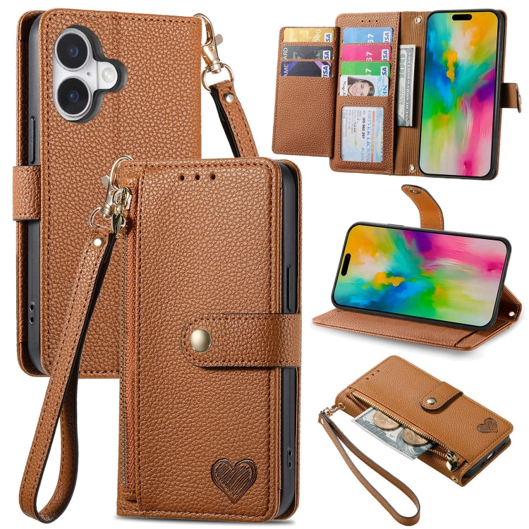 Love Zipper Lanyard Leather Phone Case, For iPhone Air, For iPhone 16 Pro Max, For iPhone 16 Pro, For iPhone 16 Plus