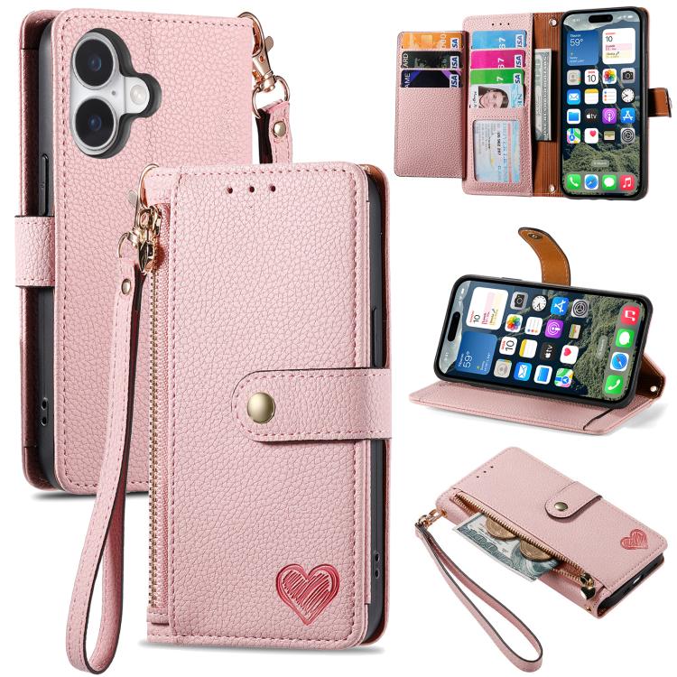 Love Zipper Lanyard Leather Phone Case, For iPhone 17e / 16e, For iPhone 17 Pro Max, For iPhone 17 Pro, For iPhone 17