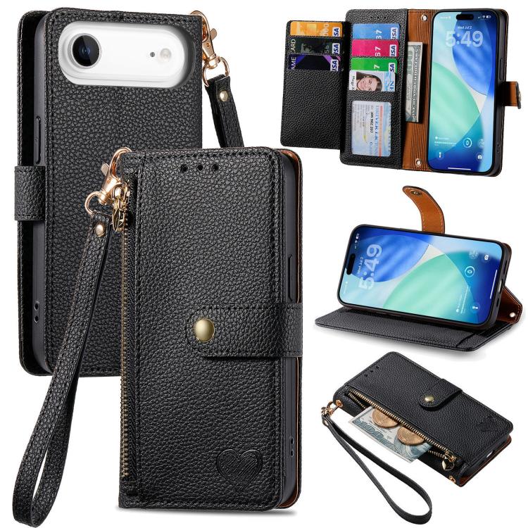 Love Zipper Lanyard Leather Phone Case, For iPhone Air, For iPhone 16 Pro Max, For iPhone 16 Pro, For iPhone 16 Plus