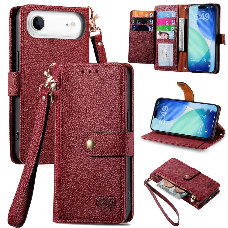 Love Zipper Lanyard Leather Phone Case, For iPhone Air, For iPhone 16 Pro Max, For iPhone 16 Pro, For iPhone 16 Plus