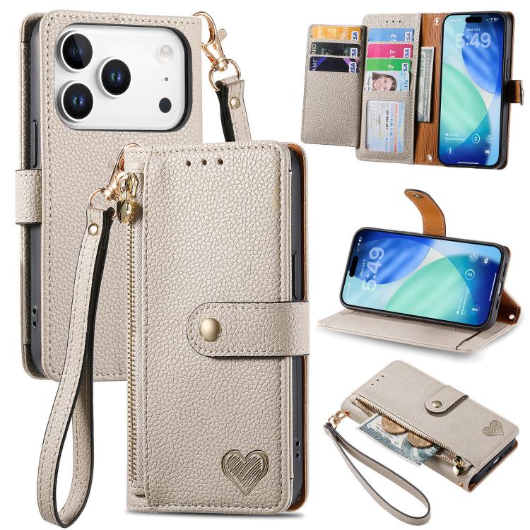 Love Zipper Lanyard Leather Phone Case, For iPhone 17e / 16e, For iPhone 17 Pro Max, For iPhone 17 Pro, For iPhone 17
