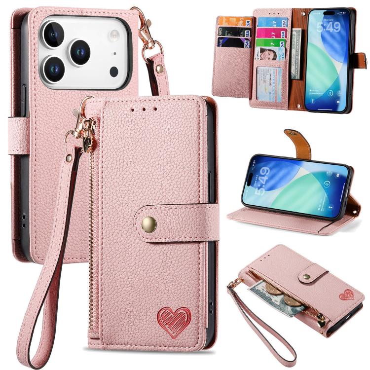 Love Zipper Lanyard Leather Phone Case, For iPhone 17e / 16e, For iPhone 17 Pro Max, For iPhone 17 Pro, For iPhone 17