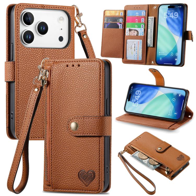 Love Zipper Lanyard Leather Phone Case, For iPhone 17e / 16e, For iPhone 17 Pro Max, For iPhone 17 Pro, For iPhone 17