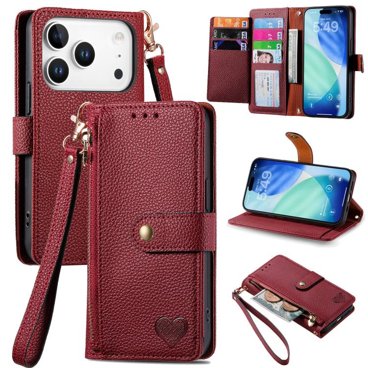 Love Zipper Lanyard Leather Phone Case, For iPhone 17e / 16e, For iPhone 17 Pro Max, For iPhone 17 Pro, For iPhone 17