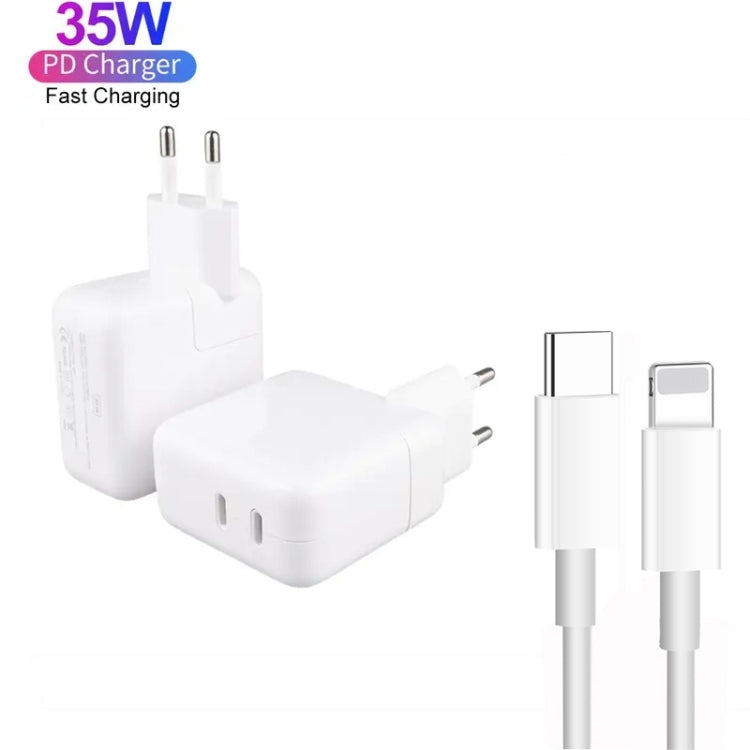 35W PD3.0 USB-C / Type-C Dual Port Charger with Type-C to 8 Pin Data Cable, EU Plug, EU Plug + 1m 8 Pin Cable, EU Plug + 2m 8 Pin Cable