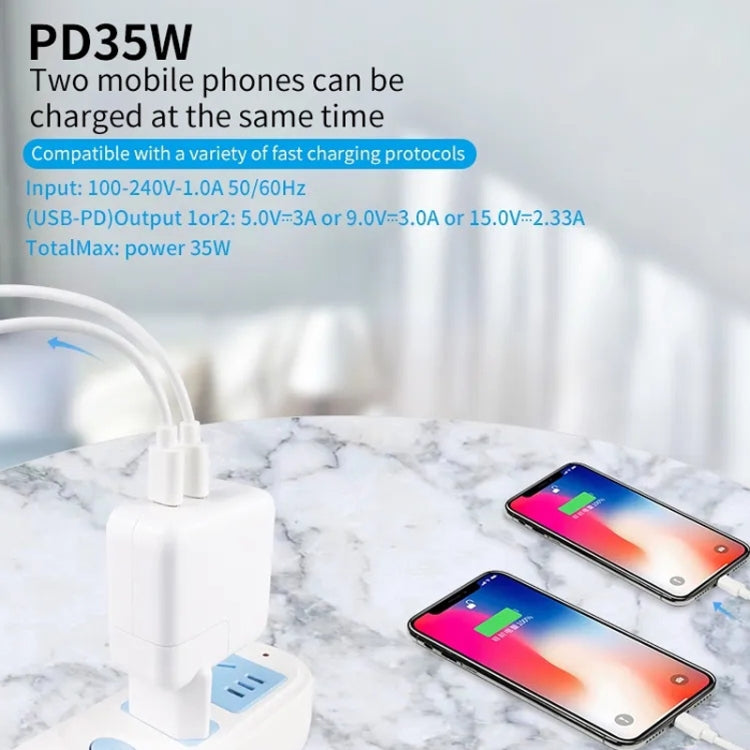 35W PD3.0 USB-C / Type-C Dual Port Charger with Type-C to Type-C Data Cable, US Plug, US Plug + 1m Type-C Cable, US Plug + 2m Type-C Cable