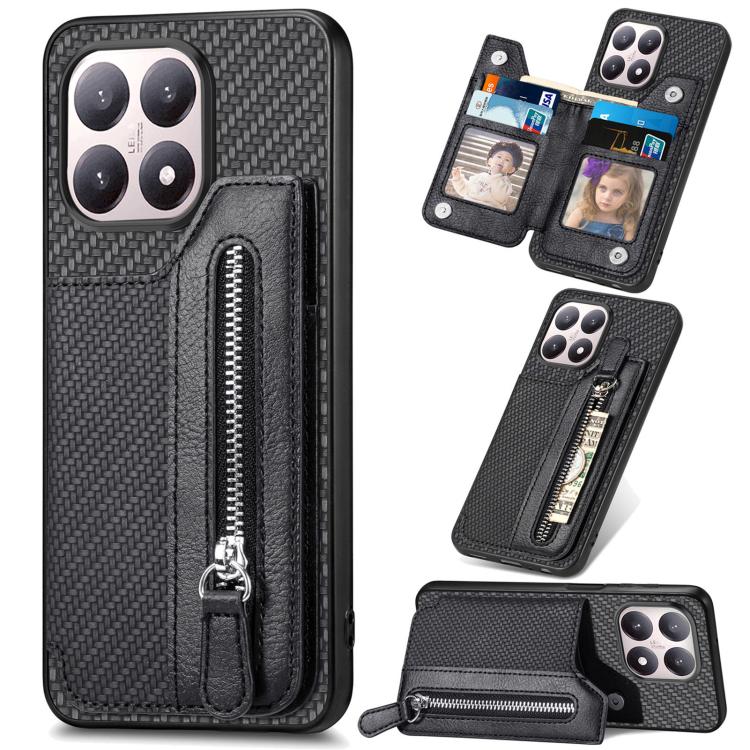 Carbon Fiber Horizontal Flip Zipper Wallet Phone Case, For Redmi 15C 5G / 4G Glodal 171mm, For Xiaomi 15T, For Redmi K80 Pro / Poco F7 Ultra, For Redmi K80 / Poco F7 Pro