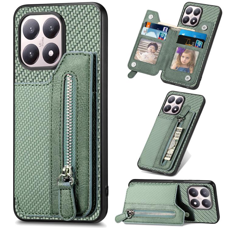 Carbon Fiber Horizontal Flip Zipper Wallet Phone Case, For Redmi 15C 5G / 4G Glodal 171mm, For Xiaomi 15T, For Redmi K80 Pro / Poco F7 Ultra, For Redmi K80 / Poco F7 Pro