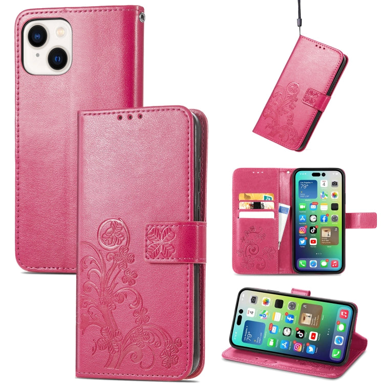 Four-leaf Clasp Embossed Buckle Leather Phone Case, For iPhone 15 Plus, For iPhone 15