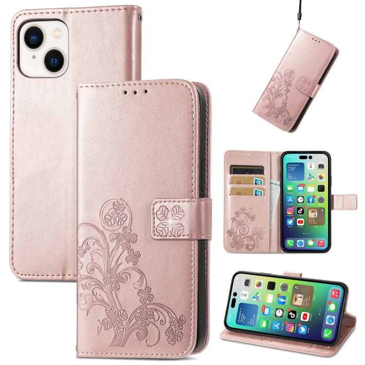 Four-leaf Clasp Embossed Buckle Leather Phone Case, For iPhone 15 Pro Max, For iPhone 15 Pro, For iPhone 15 Plus, For iPhone 15