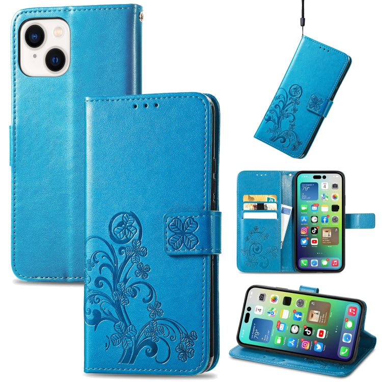 Four-leaf Clasp Embossed Buckle Leather Phone Case, For iPhone 15 Plus, For iPhone 15