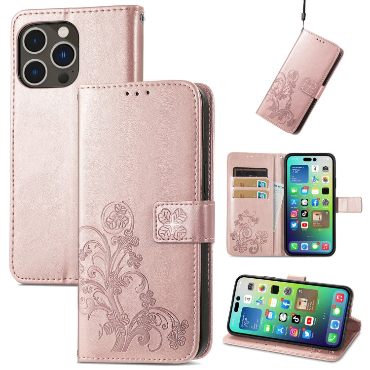 Four-leaf Clasp Embossed Buckle Leather Phone Case, For iPhone 15 Pro Max, For iPhone 15 Pro, For iPhone 15 Plus, For iPhone 15