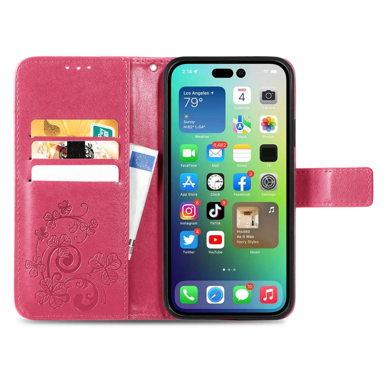 Four-leaf Clasp Embossed Buckle Leather Phone Case, For iPhone 15 Pro Max, For iPhone 15 Pro, For iPhone 15 Plus, For iPhone 15