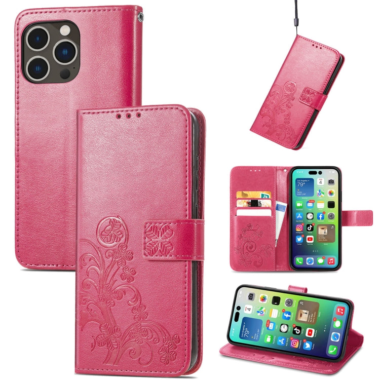 Four-leaf Clasp Embossed Buckle Leather Phone Case, For iPhone 15 Pro Max, For iPhone 15 Pro, For iPhone 15 Plus, For iPhone 15