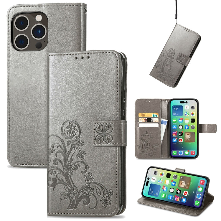 Four-leaf Clasp Embossed Buckle Leather Phone Case, For iPhone 15 Pro Max, For iPhone 15 Pro, For iPhone 15 Plus, For iPhone 15