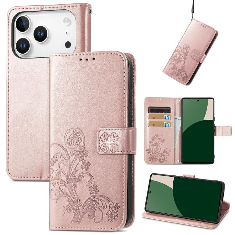 Four-leaf Clasp Embossed Buckle Leather Phone Case, For iPhone 15 Pro Max, For iPhone 15 Pro, For iPhone 15 Plus, For iPhone 15