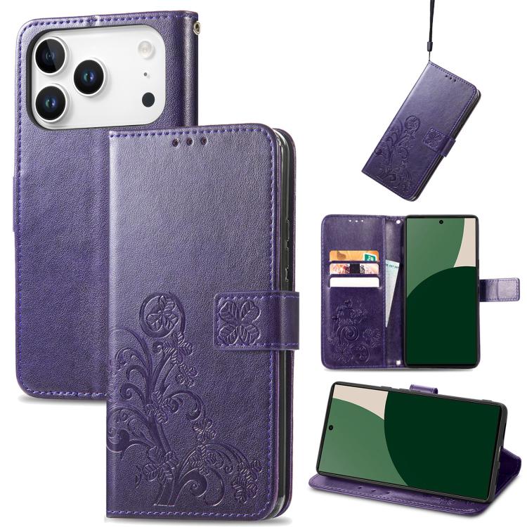 Four-leaf Clasp Embossed Buckle Leather Phone Case, For iPhone 15 Pro Max, For iPhone 15 Pro, For iPhone 15 Plus, For iPhone 15