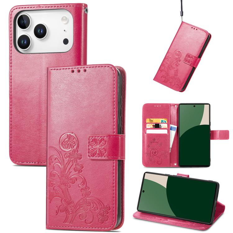 Four-leaf Clasp Embossed Buckle Leather Phone Case, For iPhone 15 Pro Max, For iPhone 15 Pro, For iPhone 15 Plus, For iPhone 15