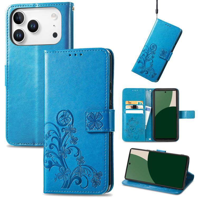 Four-leaf Clasp Embossed Buckle Leather Phone Case, For iPhone 15 Pro Max, For iPhone 15 Pro, For iPhone 15 Plus, For iPhone 15