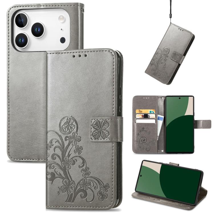 Four-leaf Clasp Embossed Buckle Leather Phone Case, For iPhone 15 Pro Max, For iPhone 15 Pro, For iPhone 15 Plus, For iPhone 15