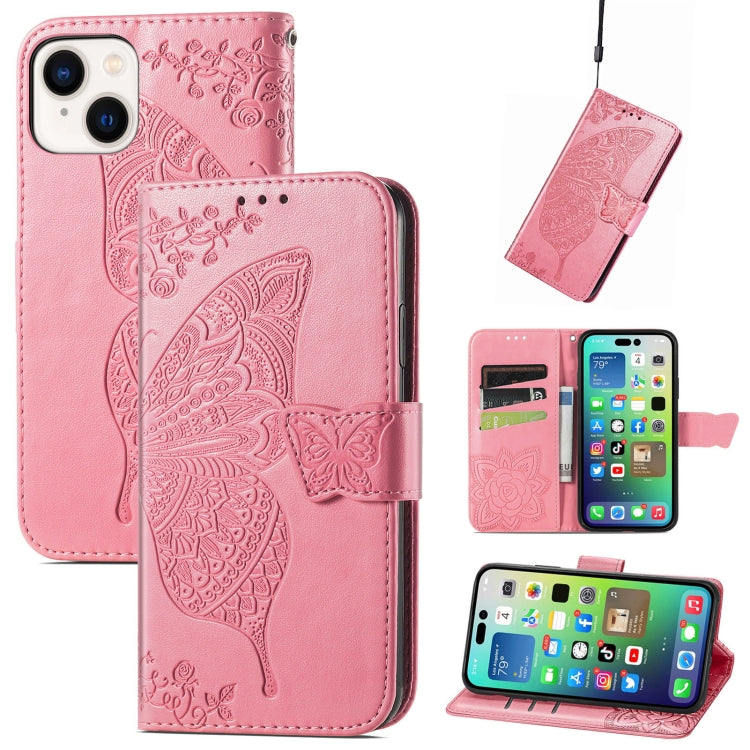 Butterfly Love Flower Embossed Leather Phone Case, For iPhone 15 Pro Max, For iPhone 15 Pro, For iPhone 15 Plus