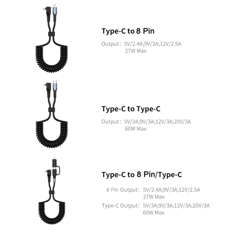 ENKAY 3A Elbow Expansion Spring Coiled Fast Chrging Data Cable, Length: 1.5m, Type-C to Type-C, Type-C to 8 Pin, Type-C to Type-C / 8 Pin