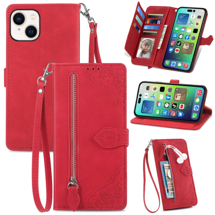 Embossed Flower Zipper Leather Phone Case, For iPhone 15 Pro Max, For iPhone 15 Pro, For iPhone 15 Plus, For iPhone 15