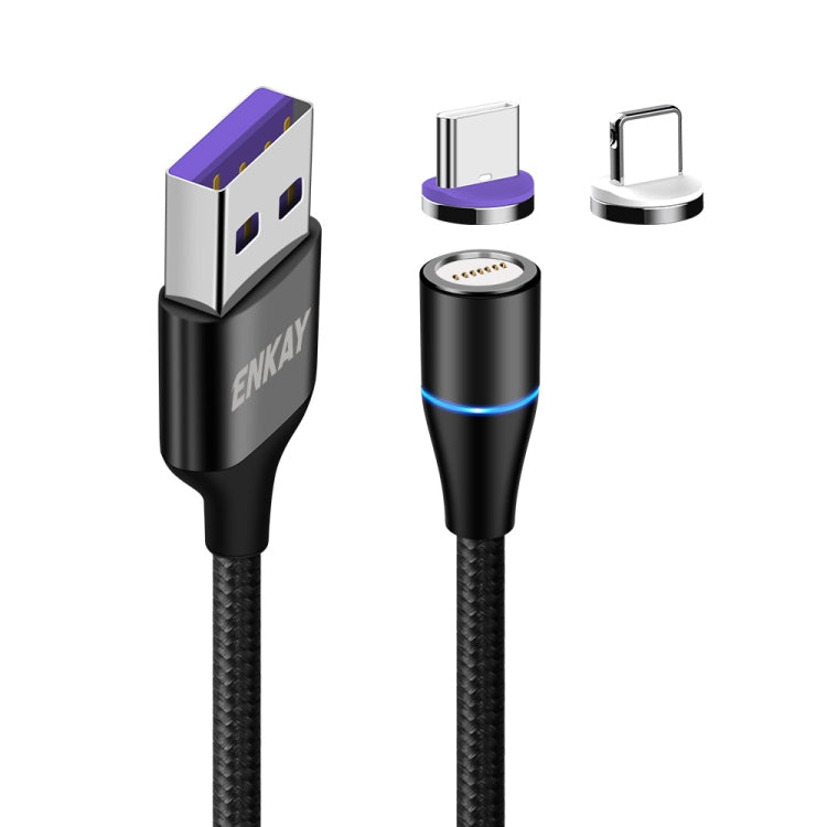 ENKAY 2 in 1 5A USB to Type-C + 8 Pin Magnetic Fast Charging Data Cable with LED Light, Length: 1m, 1m 5A USB to Type-C + 8 Pin