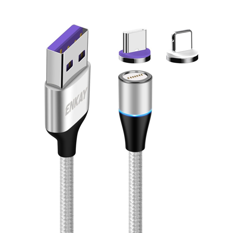 ENKAY 2 in 1 5A USB to Type-C + 8 Pin Magnetic Fast Charging Data Cable with LED Light, Length: 1m, 1m 5A USB to Type-C + 8 Pin