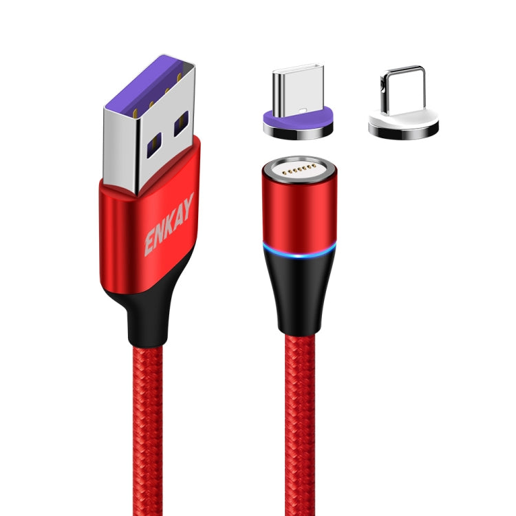 ENKAY 2 in 1 5A USB to Type-C + 8 Pin Magnetic Fast Charging Data Cable with LED Light, Length: 1m, 1m 5A USB to Type-C + 8 Pin