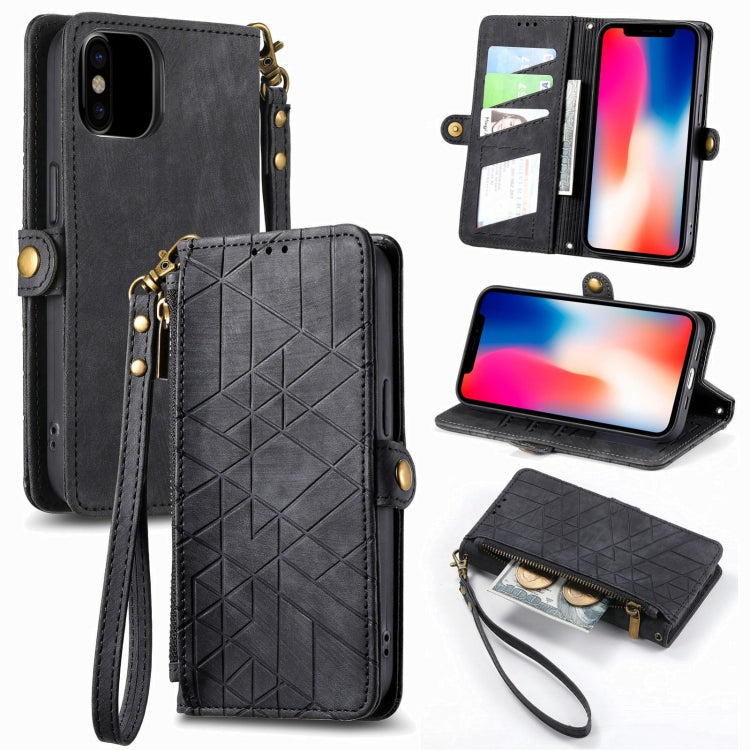 Geometric Zipper Wallet Side Buckle Leather Phone Case, For iPhone 7 / 8 / SE 2022, For iPhone X / XS, For iPhone 6 Plus / 6s Plus, For iPhone 6 / 6s