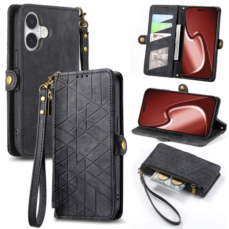 Geometric Zipper Wallet Side Buckle Leather Phone Case, For iPhone 15, For iPhone 14 Plus, For iPhone 14, For iPhone 14 Pro