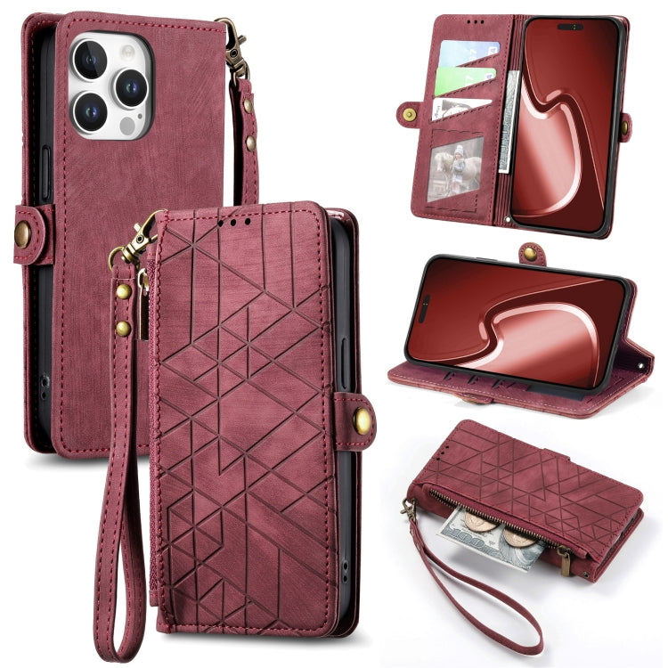Geometric Zipper Wallet Side Buckle Leather Phone Case, For iPhone 16, For iPhone 15 Pro Max, For iPhone 15 Pro, For iPhone 15 Plus