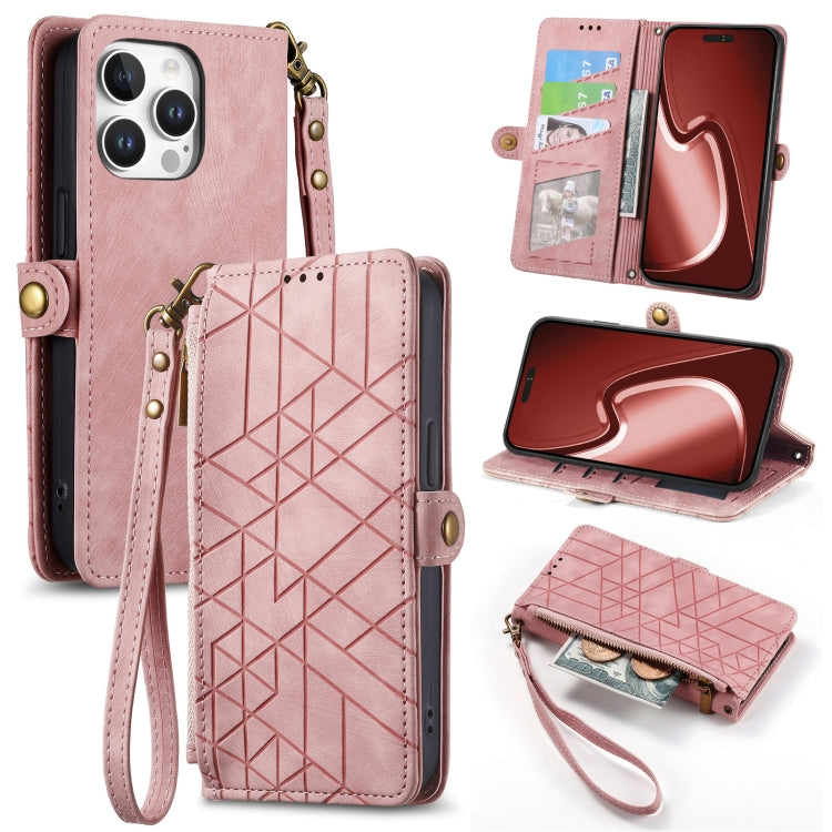 Geometric Zipper Wallet Side Buckle Leather Phone Case, For iPhone 16, For iPhone 15 Pro Max, For iPhone 15 Pro, For iPhone 15 Plus