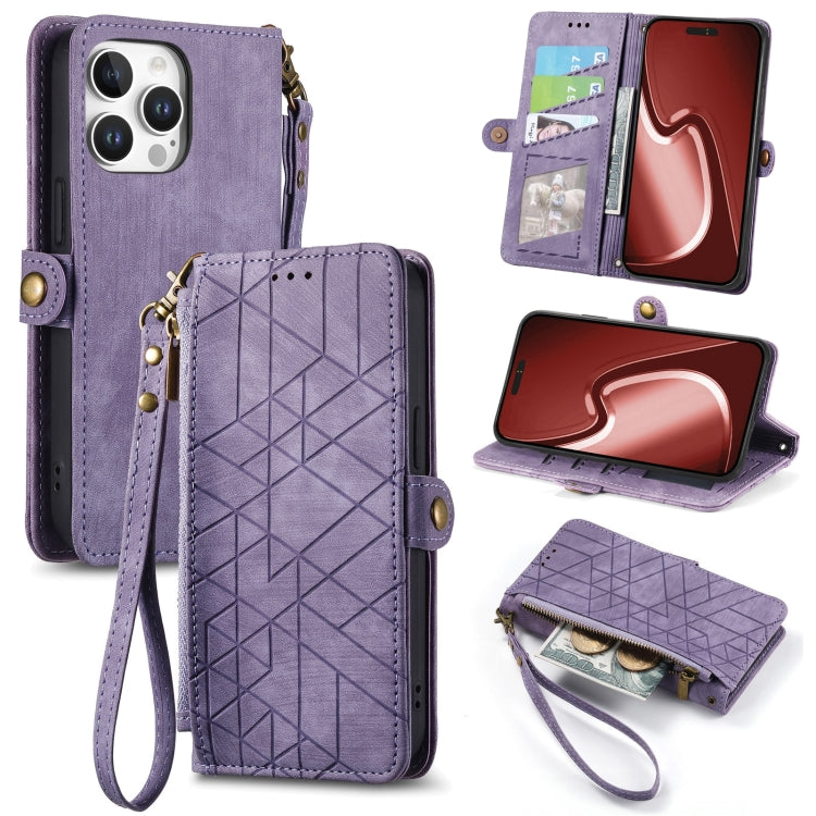 Geometric Zipper Wallet Side Buckle Leather Phone Case, For iPhone 16, For iPhone 15 Pro Max, For iPhone 15 Pro, For iPhone 15 Plus