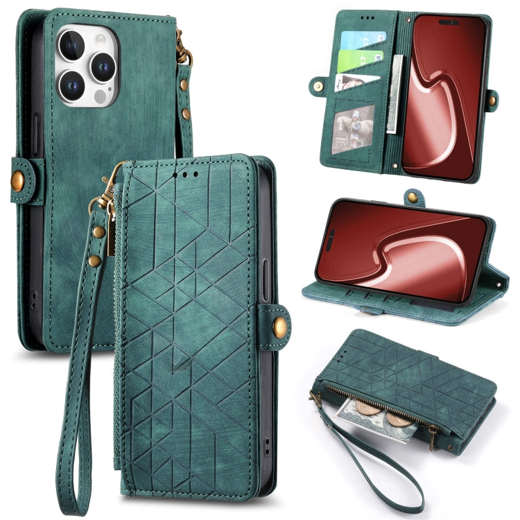 Geometric Zipper Wallet Side Buckle Leather Phone Case, For iPhone 16, For iPhone 15 Pro Max, For iPhone 15 Pro, For iPhone 15 Plus