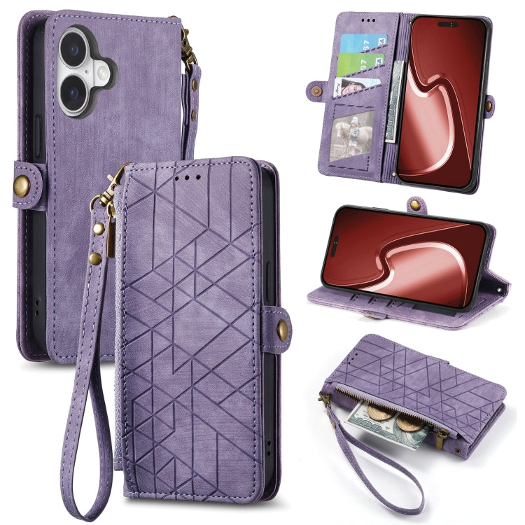 Geometric Zipper Wallet Side Buckle Leather Phone Case, For iPhone 16, For iPhone 15 Pro Max, For iPhone 15 Pro, For iPhone 15 Plus